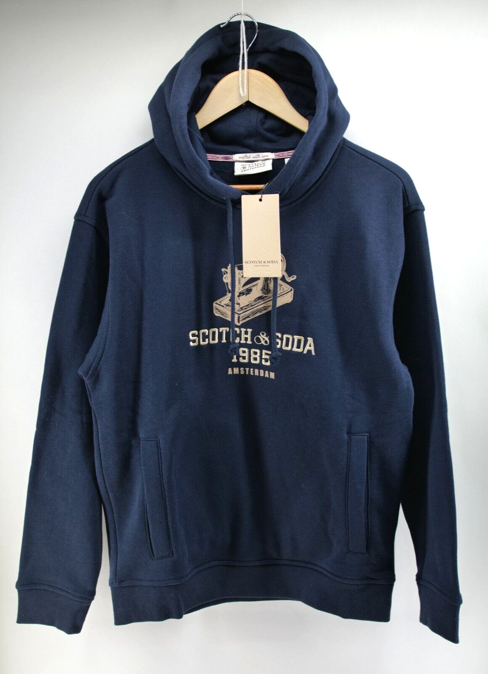 New Scotch & Soda Amsterdam Night Fleece Hoodie Mens Small Navy Relaxed Graphic